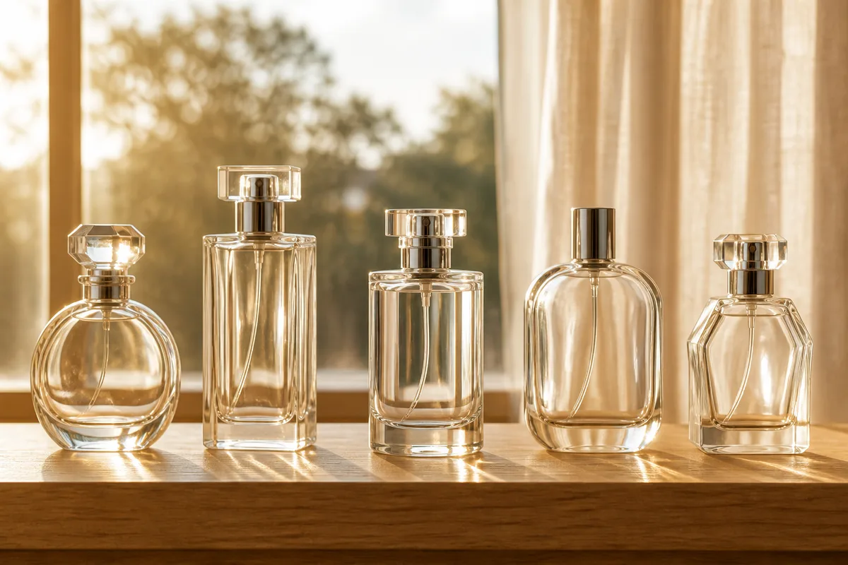 Flacons de parfum en verre transparent alignés sur une étagère en bois clair devant une fenêtre