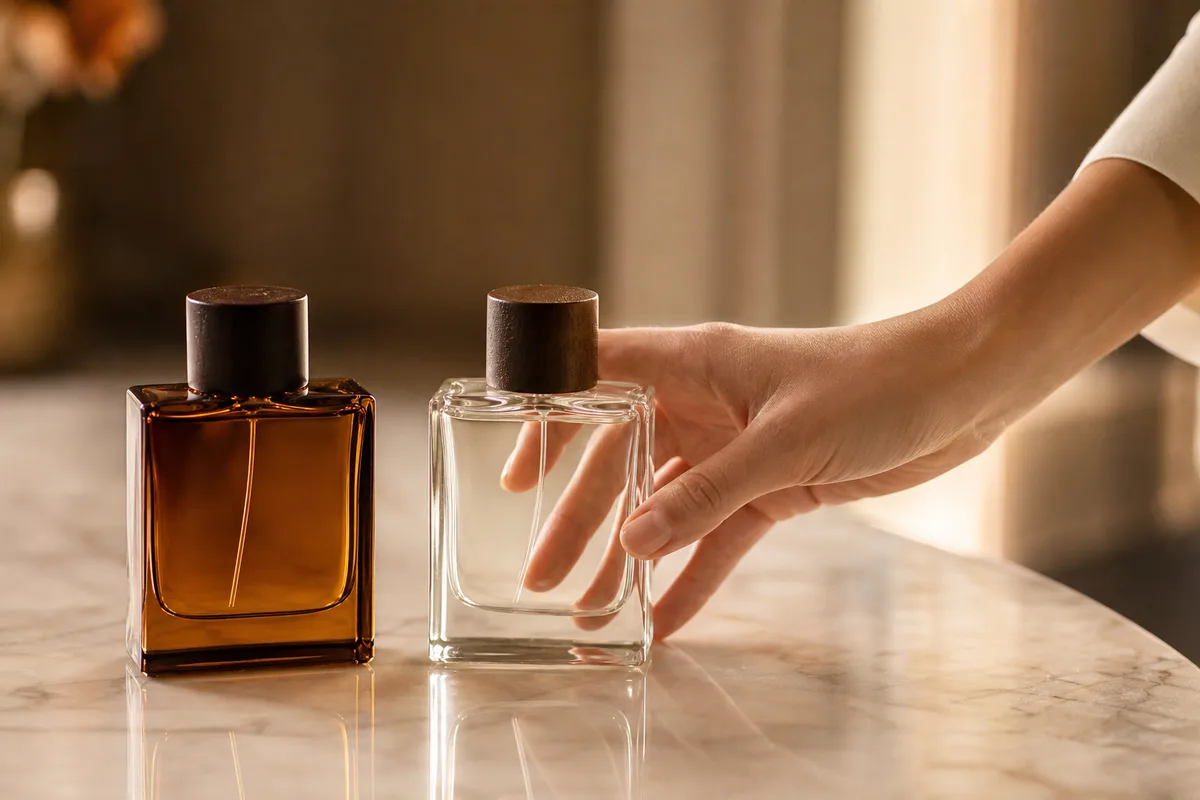 Deux flacons de parfum complémentaires choisis sur une coiffeuse claire