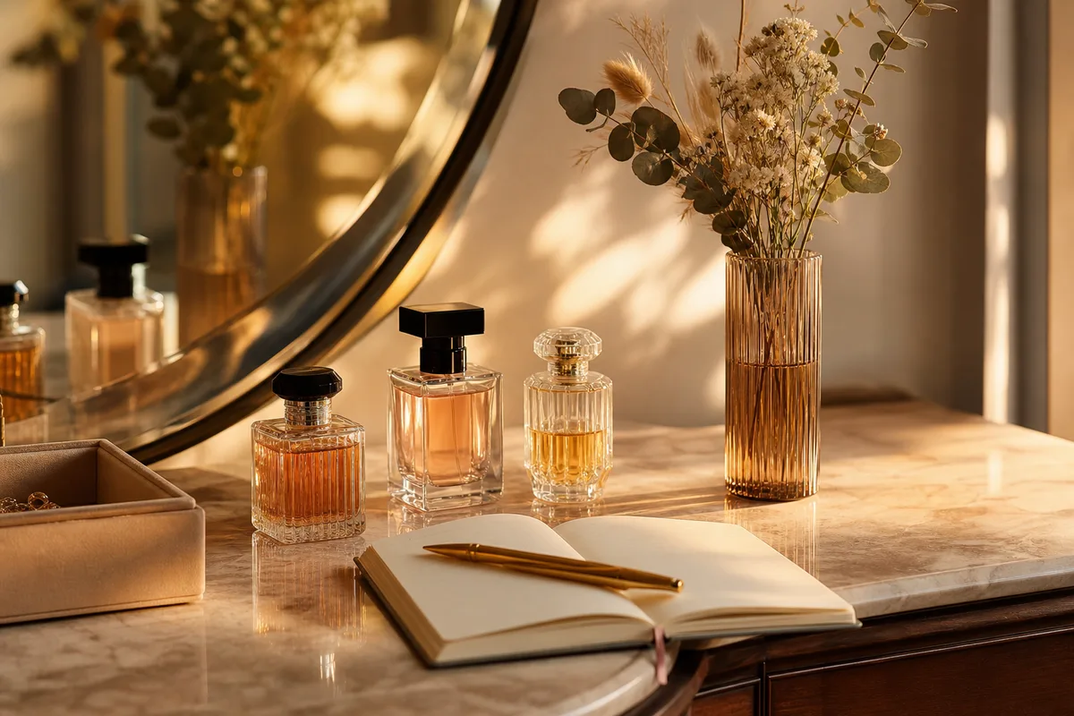 Coiffeuse avec parfums, carnet de notes et fleurs séchées